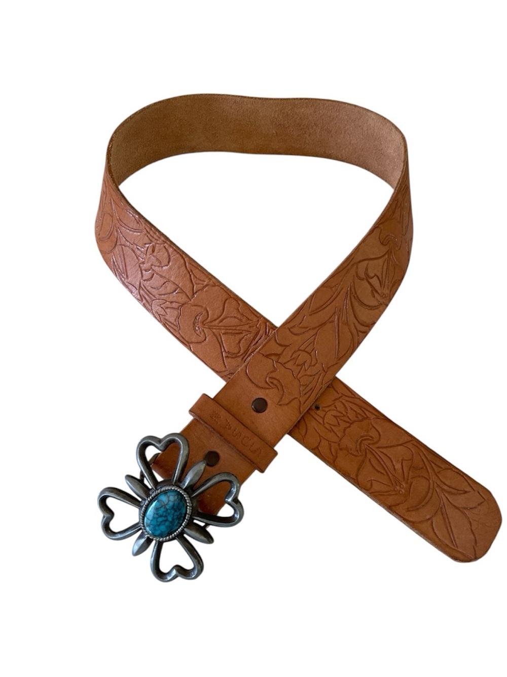 Vintage Tooled Leather Belt with a Turquoise-style Floral Buckle